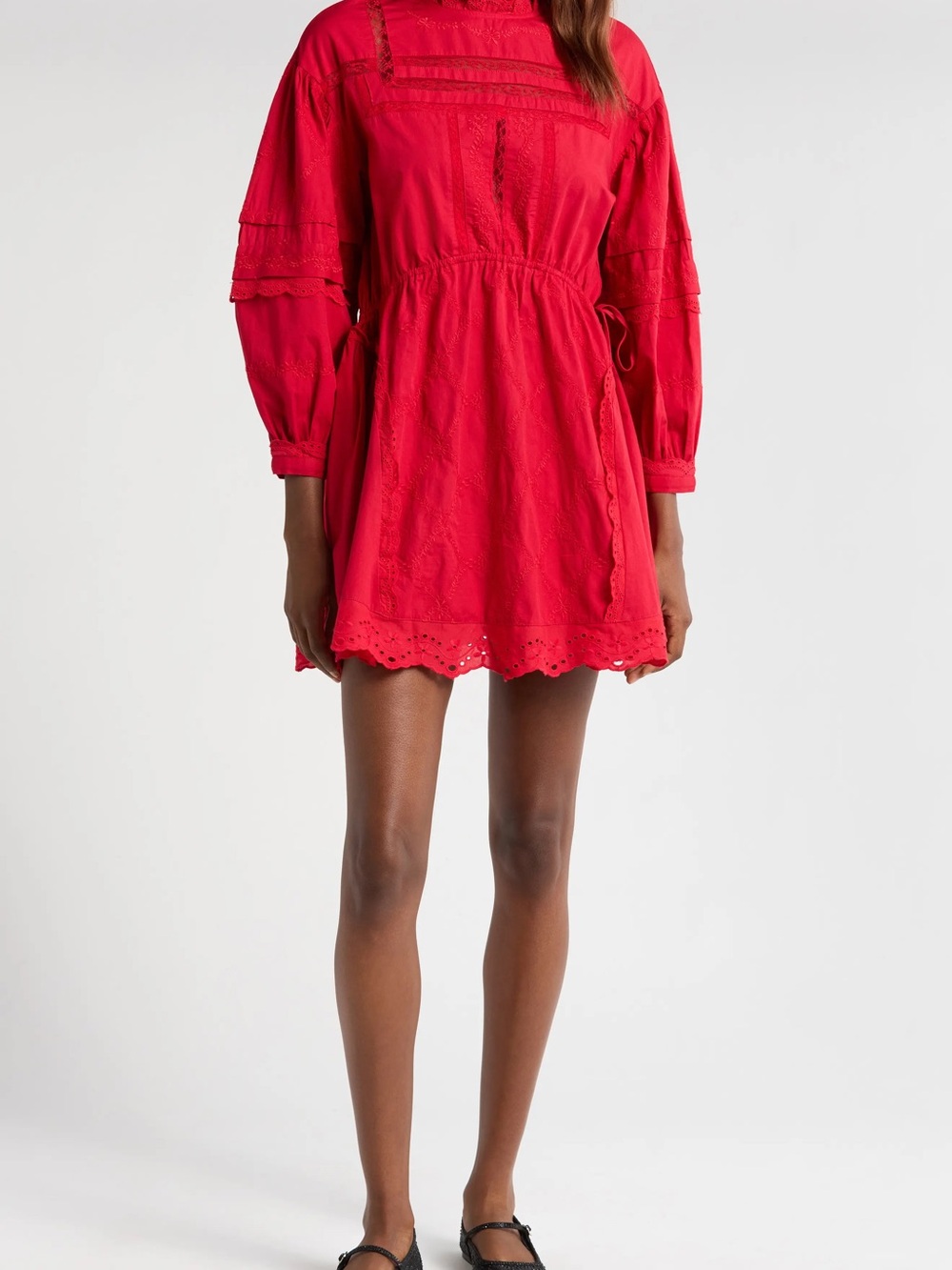 Bright Red Eyelet Tie-Waist Mini Dress